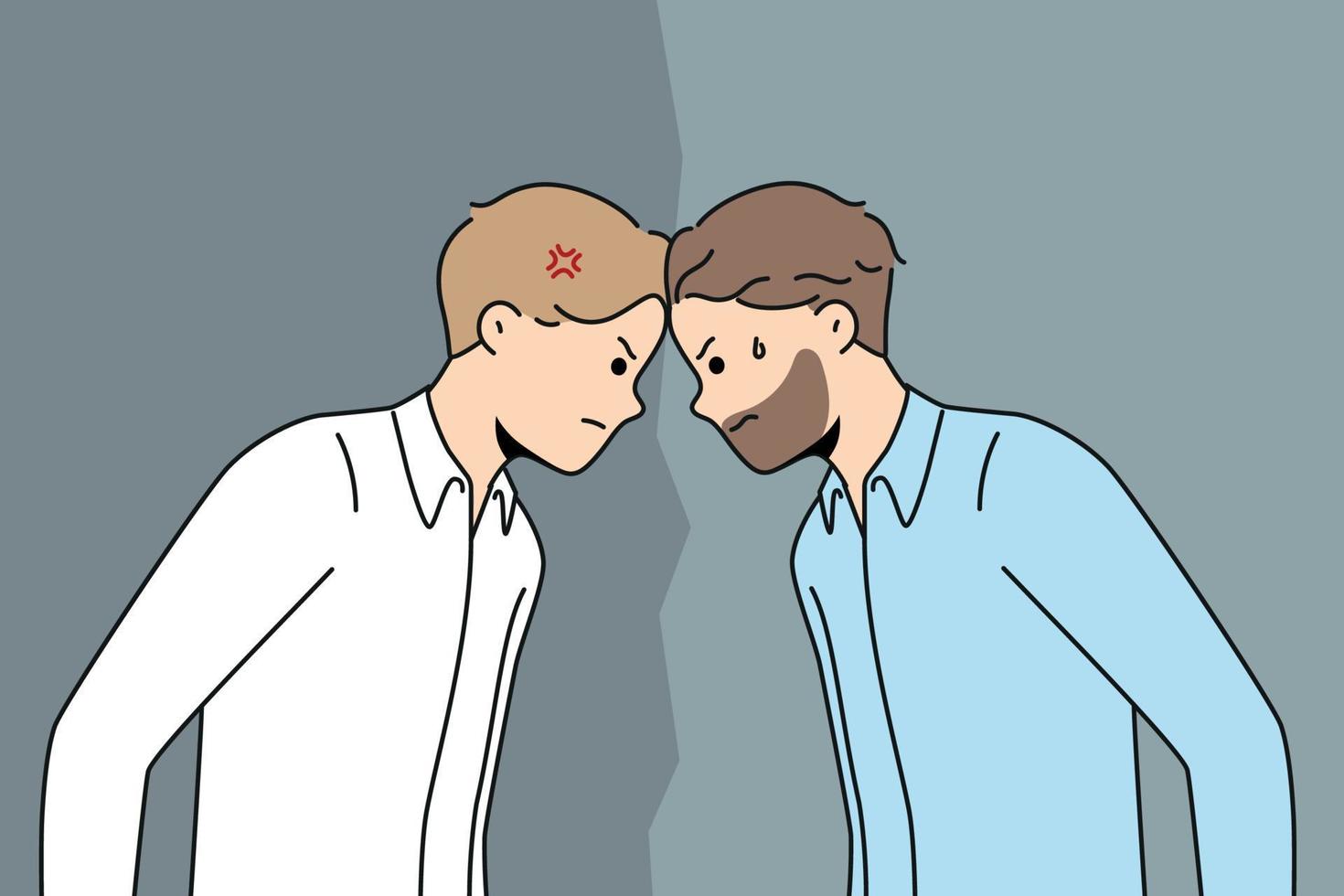 Furious male employees stand against each other. Mad men rivals or competitors having fight or misunderstanding. Rivalry and competition. Vector illustration.