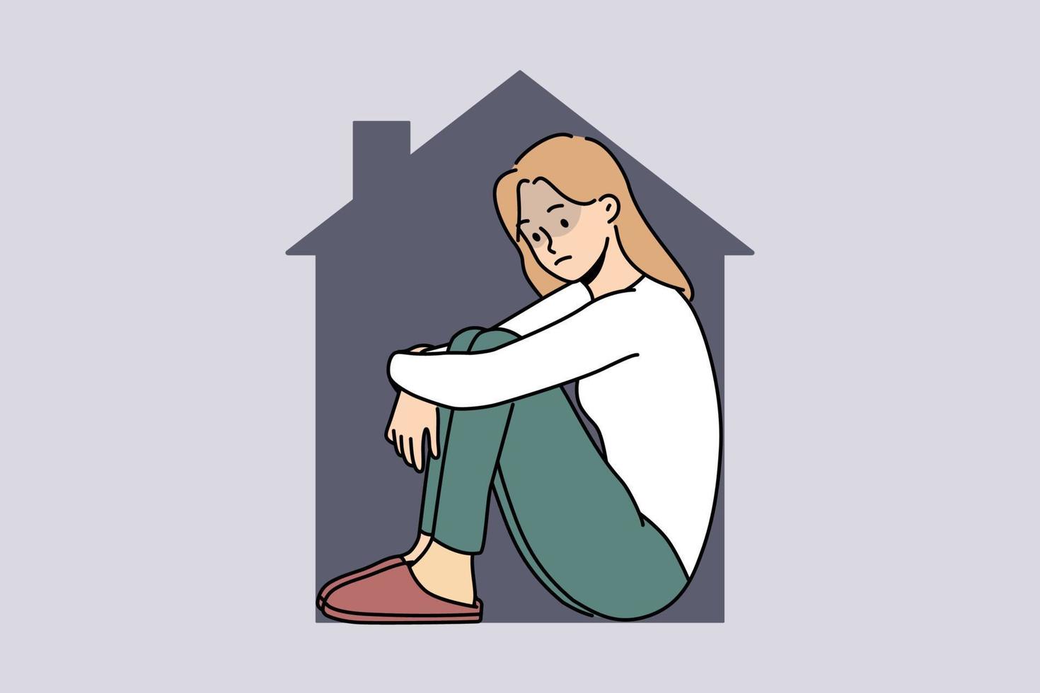 Unhappy young woman sitting in house isolating herself in dwelling. Upset stressed female suffer from self-isolation at home. Stay at home concept. Vector illustration.