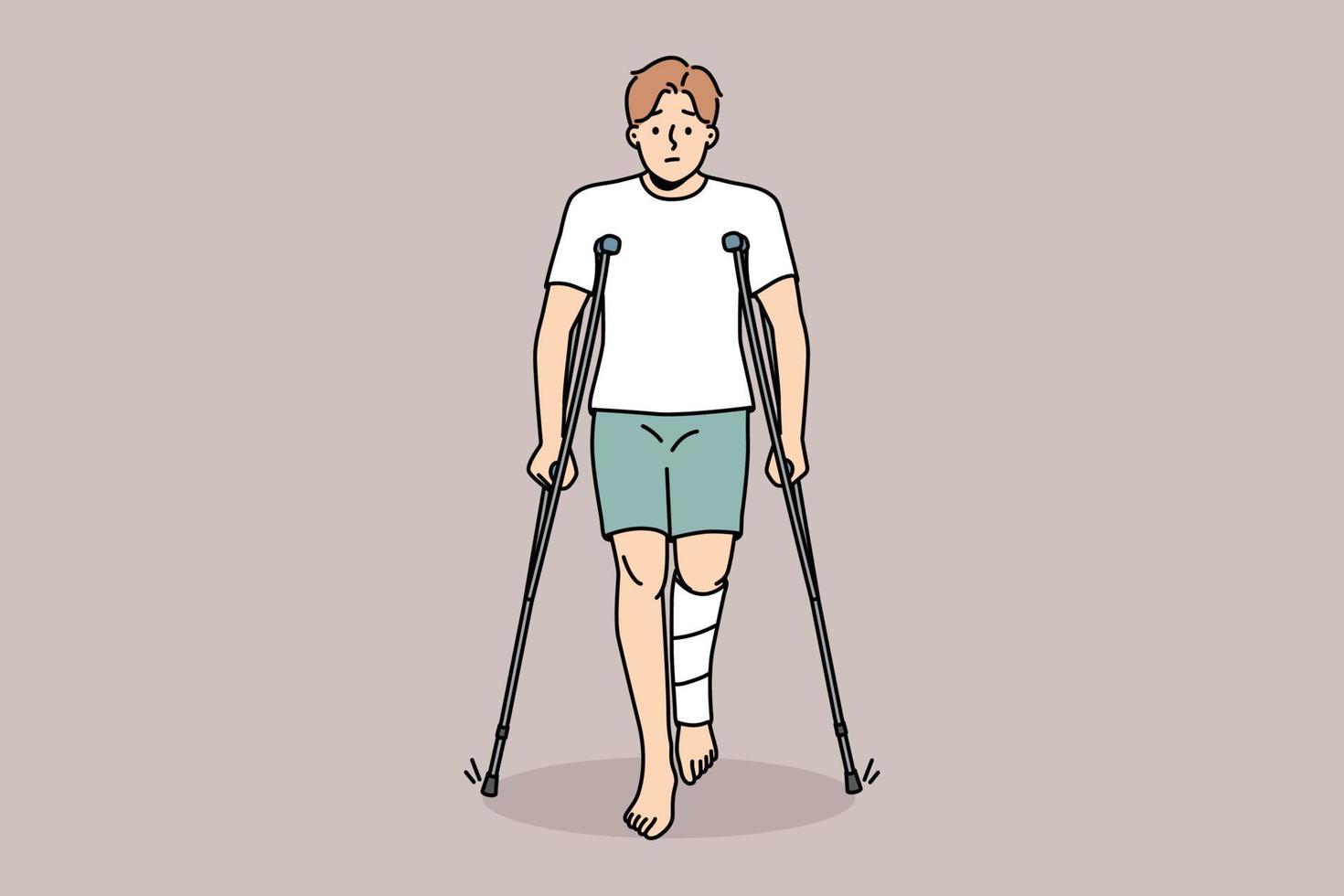 Unhappy young man with leg injury walking on crutches. Upset injured male with limb trauma suffer walking or standing. Healthcare and recovery. Vector illustration.