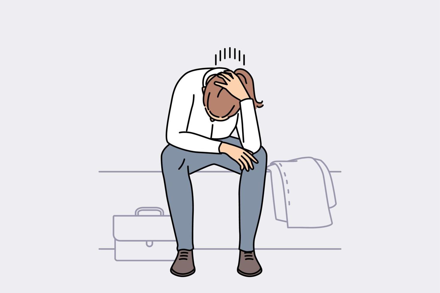 Distressed young woman feel low and depressed at work. Unhappy female employee suffer from burnout or depression at workplace. Vector illustration.