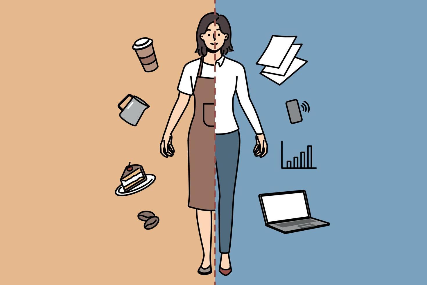 Smiling young woman with two occupation being waitress and office worker.  Happy female various professions. Employment and career. Vector  illustration. 20376306 Vector Art at Vecteezy