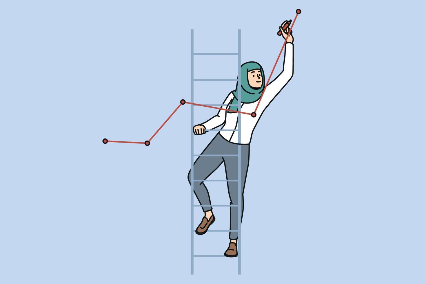 hembra Arábica empleado en hijab en pie en escalera dibujo grafico o cuadro. mujer trabajador pintar desarrollar financiero reporte o Estadísticas demostración progreso. vector ilustración.