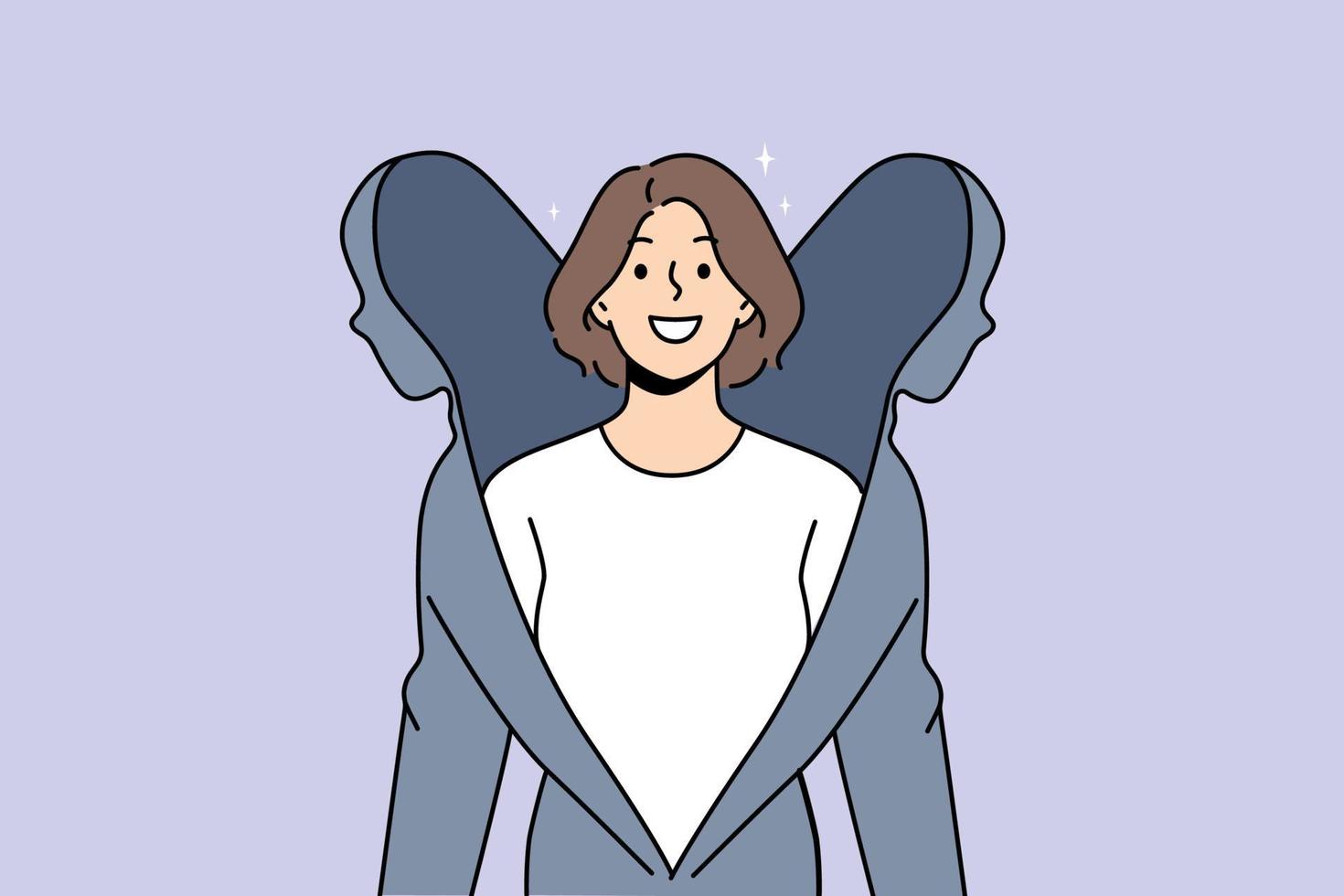 Smiling young woman coming from cover or shell get recovered from depression or mental disease. Happy reborn female after psychological trauma. Vector illustration.