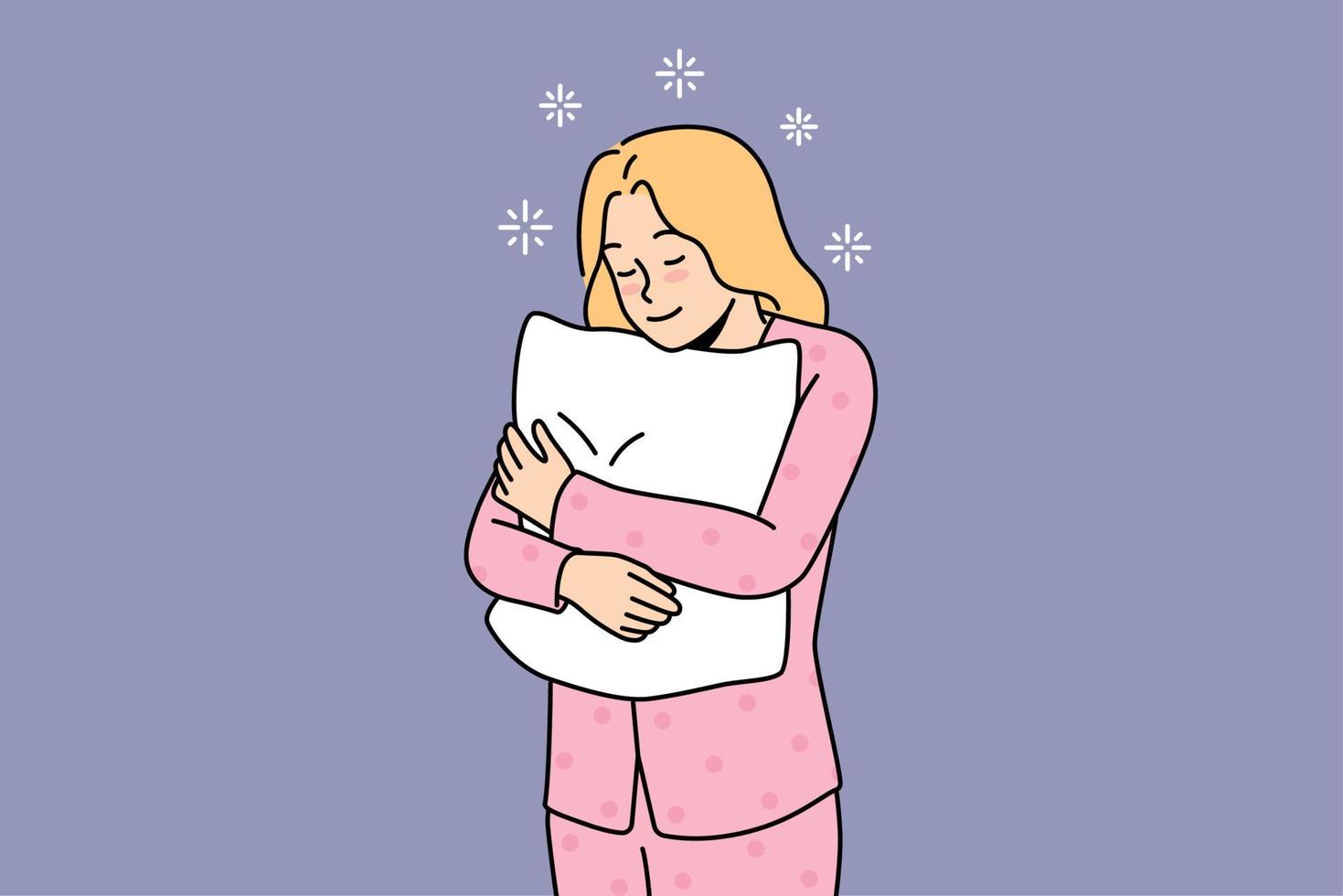 Happy young woman in pyjama feel sleepy holding fluffy pillow in hands. Smiling girl in pink pajama ready for sleep or nap at home. Fatigue and relaxation. Vector illustration.
