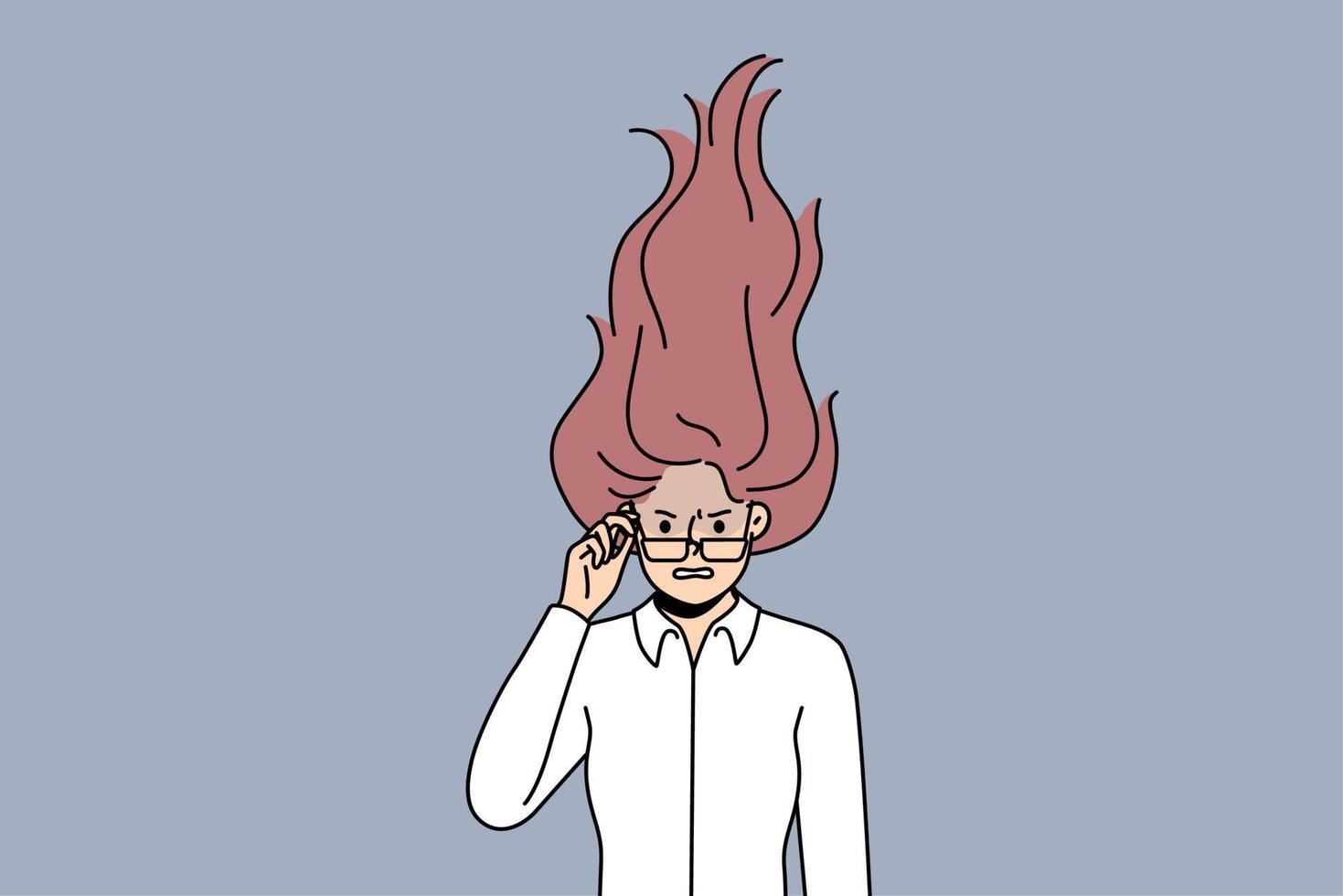 Furious young woman with hair in fire flames suffer from work burnout. Mad businesswoman struggle with emotional breakdown or overwork. Vector illustration.
