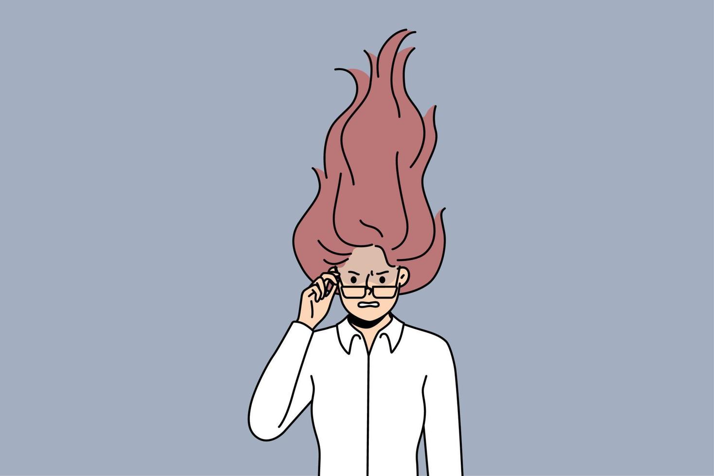 furioso joven mujer con pelo en fuego llamas sufrir desde trabajo agotamiento enojado mujer de negocios dificil con emocional Descompostura o trabajo excesivo. vector ilustración.