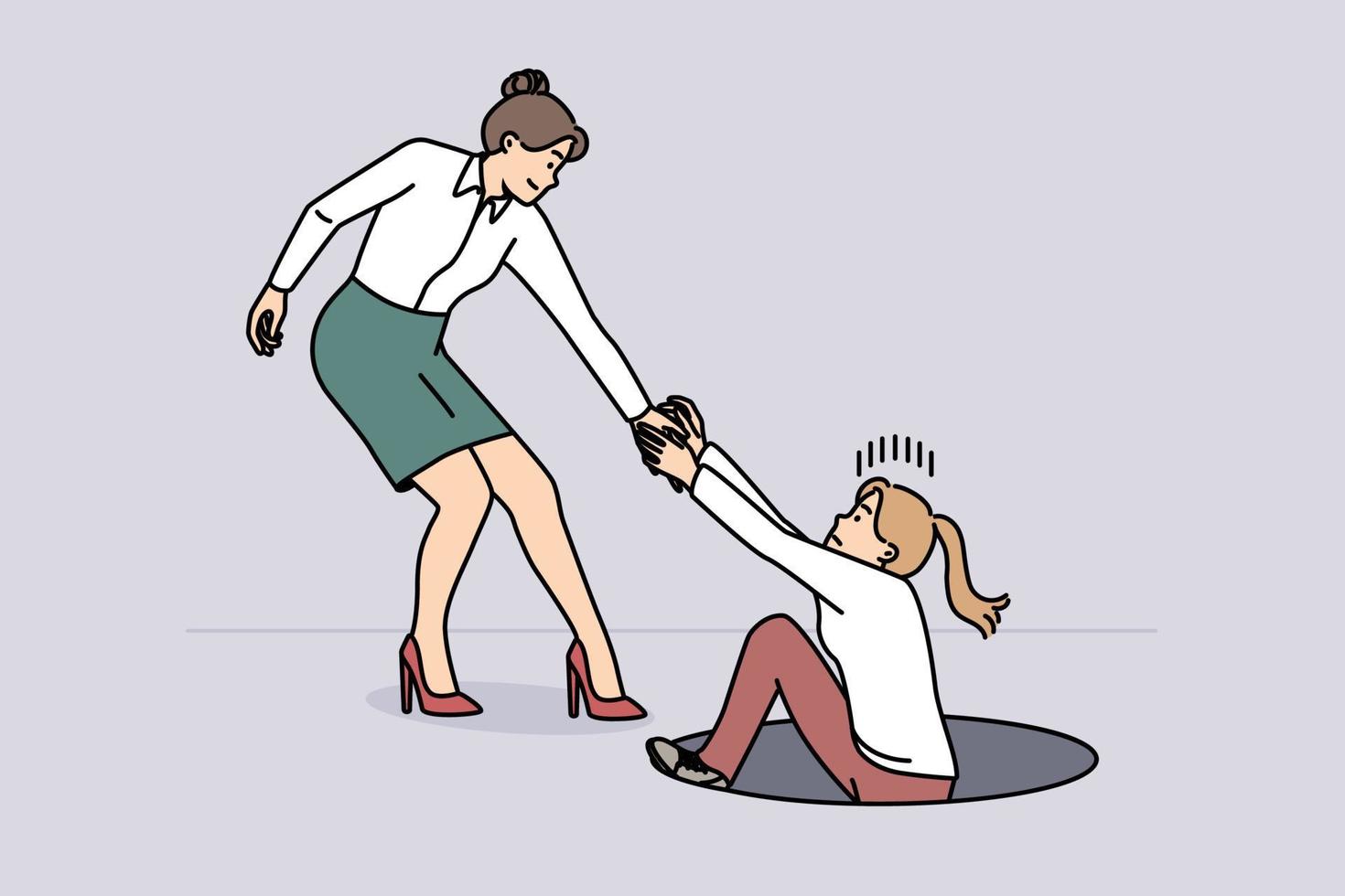 Businesswoman give hand to colleague in need rescue female employee from hatch. Supportive woman help suffering coworker. Teamwork and friendship. Vector illustration.