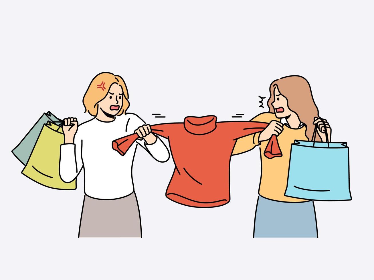 Furious female buyers fight for clothing in shop or boutique. Mad women battle for sweater in store. Shopping and consumerism. Vector illustration.