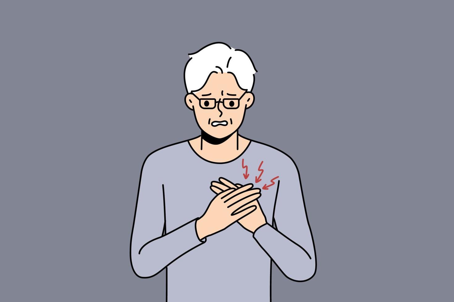 Unhealthy mature grandfather suffer from heart problems. Unwell sick old man touch chest struggle with cardiac arrest. Elderly healthcare. Vector illustration.