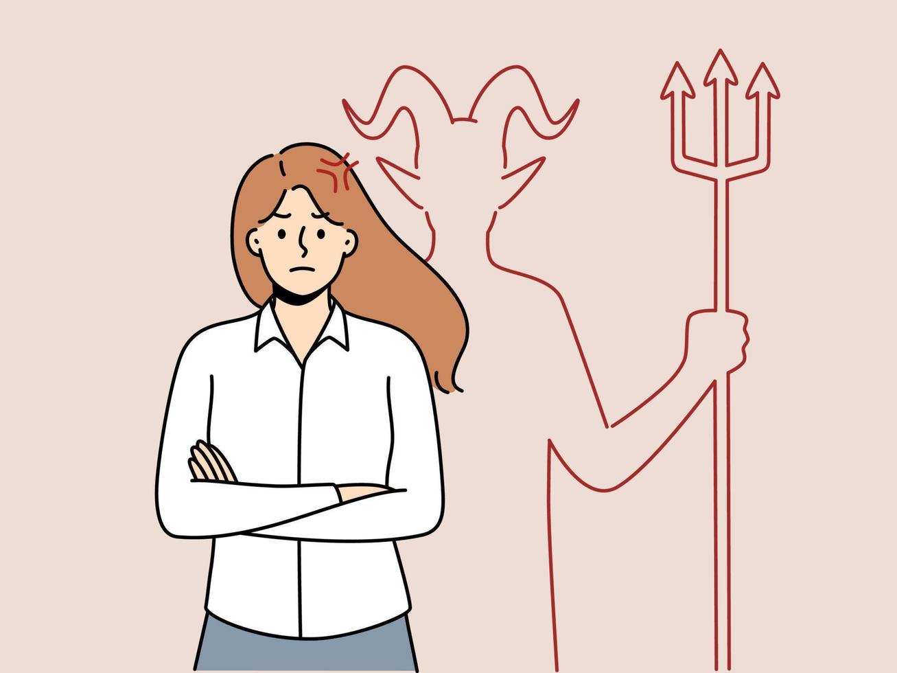 Angry businesswoman with devil behind back. Mad female employee or worker with evil inner self revealed. Vector illustration.