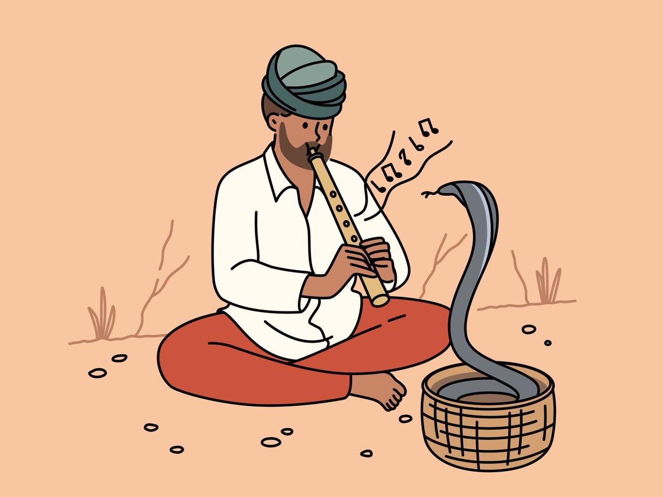 Man in turban playing on flute with cobra dancing in basket. Snake charmer play musical instrument for hypnotizing. Vector illustration.