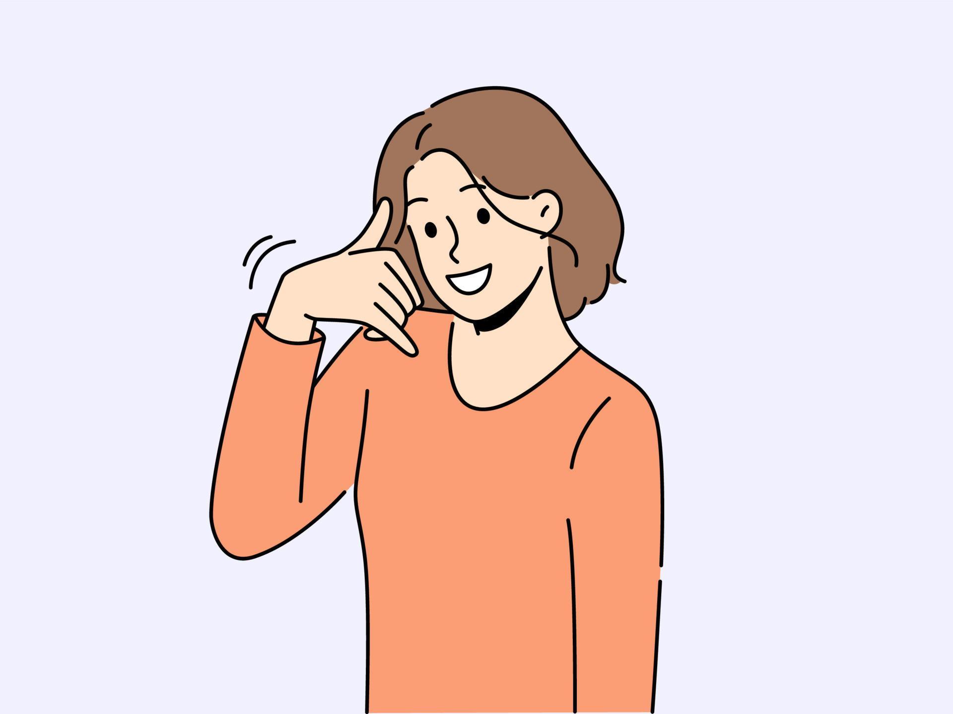 Smiling woman show call me hand gesture. Happy girl demonstrate