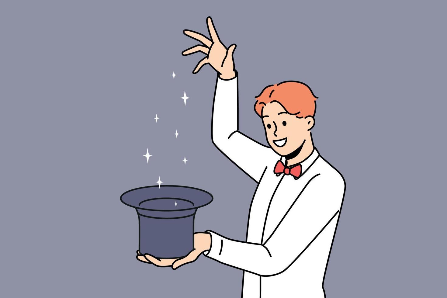 Smiling young man with hat showing trick for audience. Happy male magician or illusionist entertain people with focuses. Vector illustration.