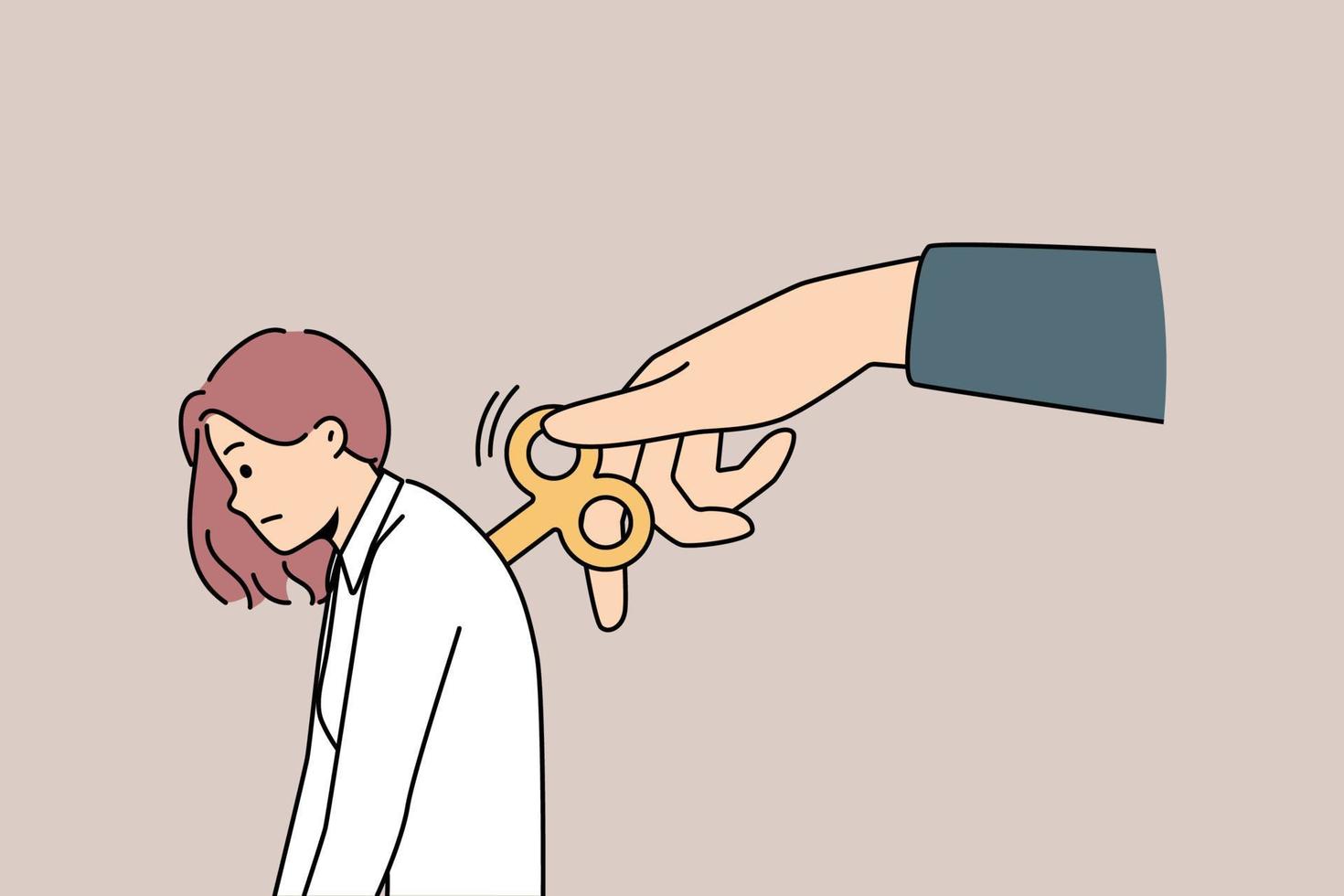 Huge hand wind up key in tired female employee back feeling exhausted. Unhappy woman feel tired and worn out, being started with side help. Vector illustration.