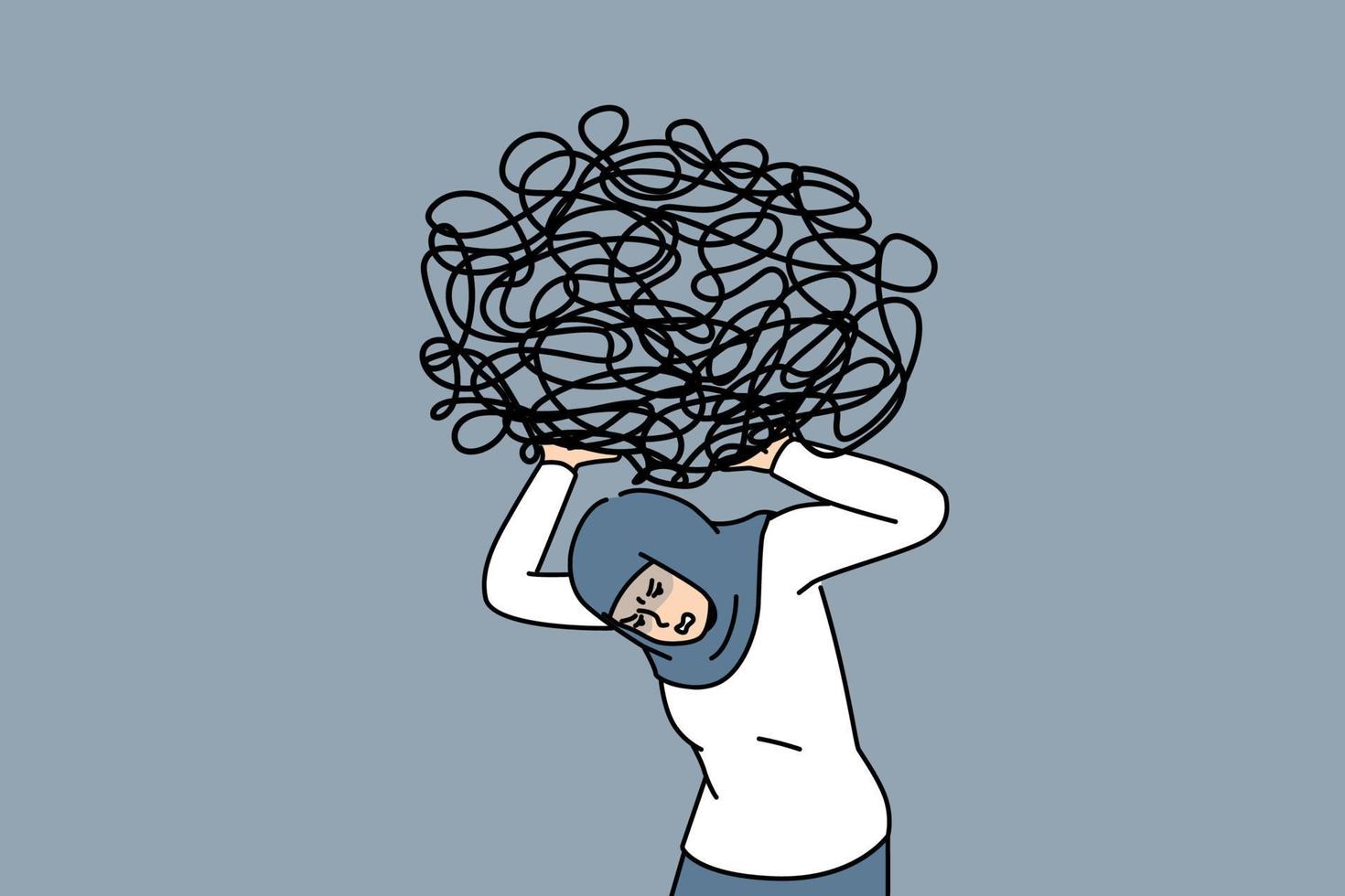 Unhappy Arabic businesswoman carrying on shoulder heavy messy load suffer from work difficulties and crisis. Distressed arab female employee with burden on back. Vector illustration.