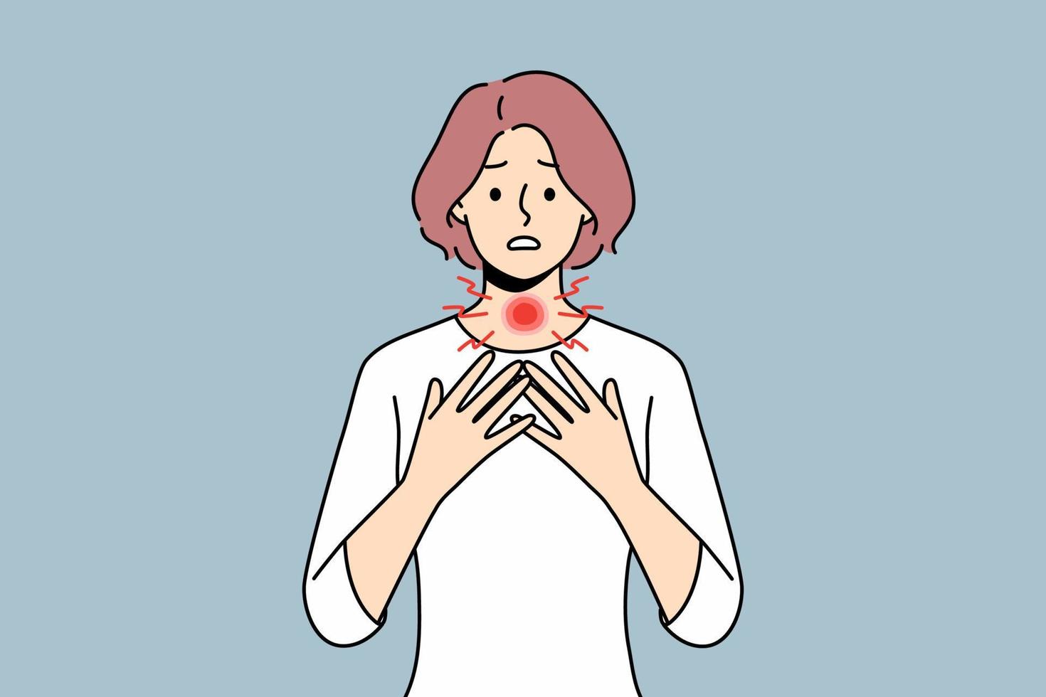 Unhealthy young woman suffer from thyroid problems. Unhappy sick female struggle with hyperthyroidism. Larynx body organ trouble. Healthcare. Vector illustration.