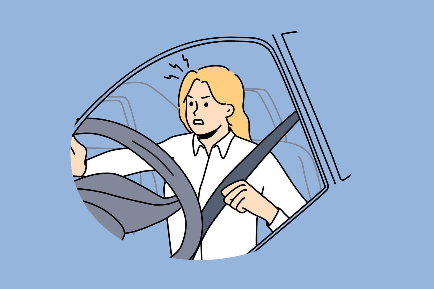 Furious young woman beep at road driving car. Mad girl feel angry and frustrated in traffic lose control. Vector illustration.