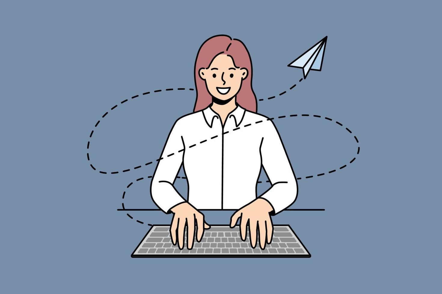 Smiling businesswoman sit at table typing on keyboard on computer sending message or email. Happy female employee busy working at workplace. Vector illustration.