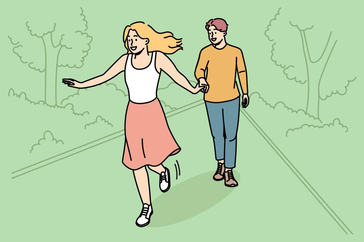 Happy young couple walking together in park. Smiling man and woman enjoy romantic date in summer forest. Relationships. Vector illustration.