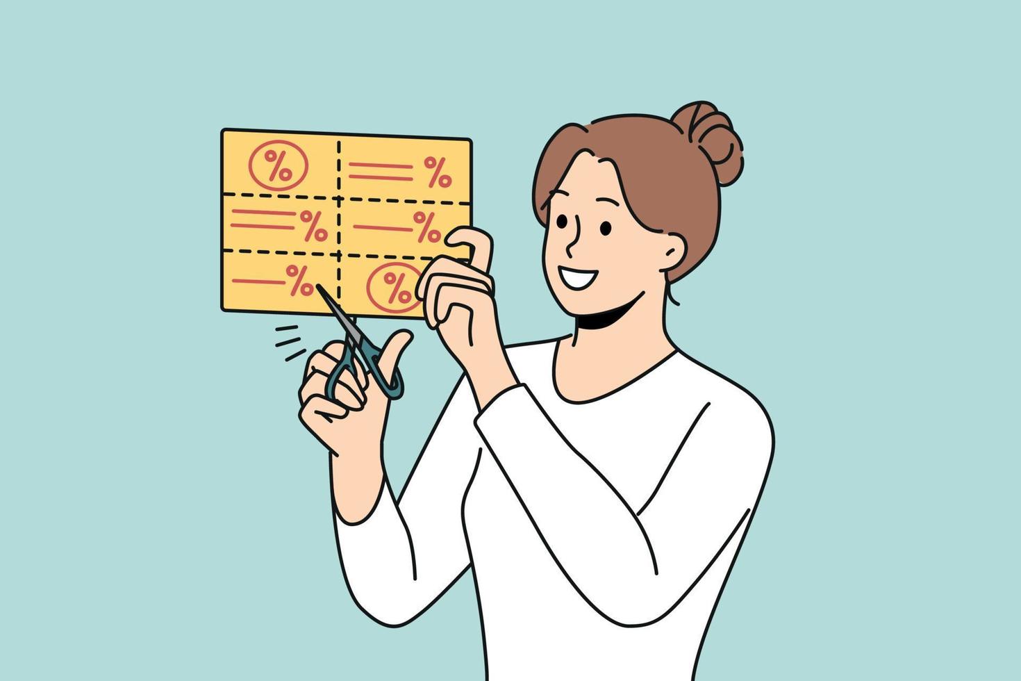 sonriente joven mujer cortar promoción codigos desde periódico. contento hembra comprador utilizar descuento o rebaja cupones para más bajo precio. consumismo. vector ilustración.