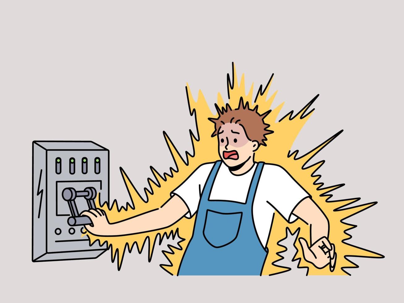 Man get electric shock from dashboard. Technician or mechanic suffer from electrical injury. Healthcare and danger. Vector illustration.