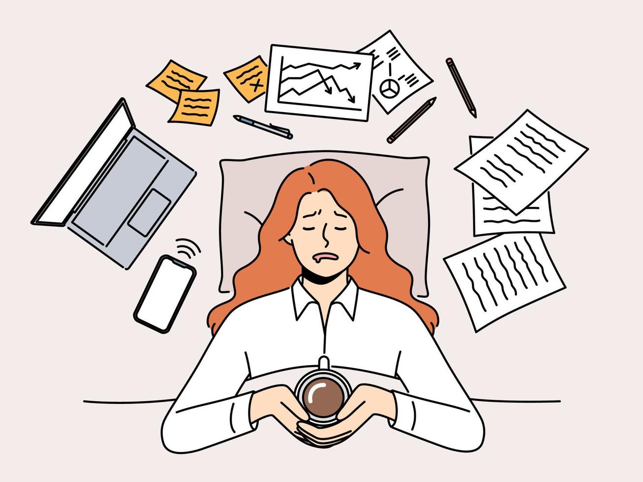 Exhausted woman lying in bed with coffee stressed with work. Tired female employee overwhelmed with job rest in bed. Fatigue and exhaustion. Vector illustration.