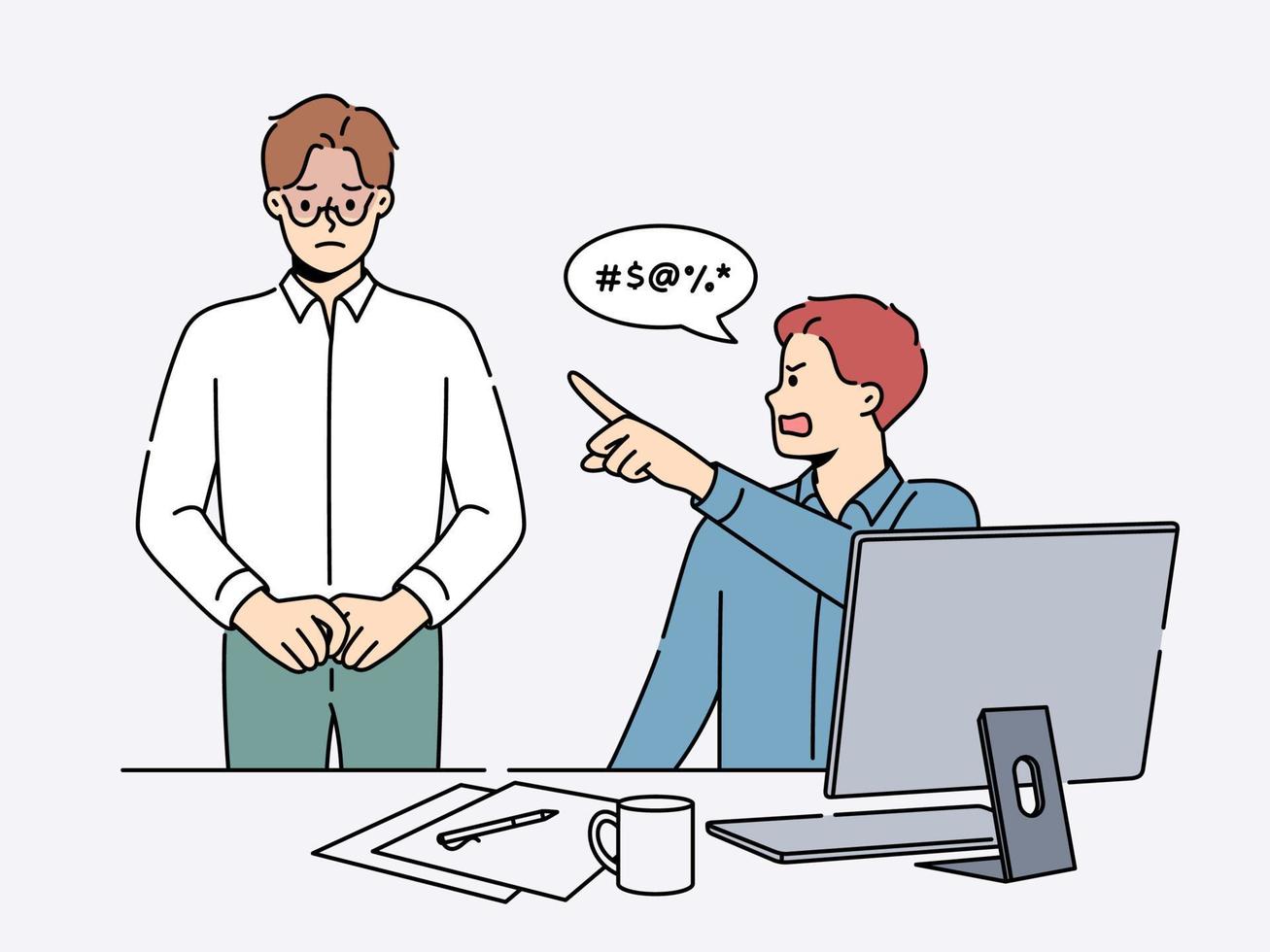 Furious businessman scream at stressed male employee in office. Mad boss or CEO yell scold unhappy distressed worker. Workplace subordination. Vector illustration.