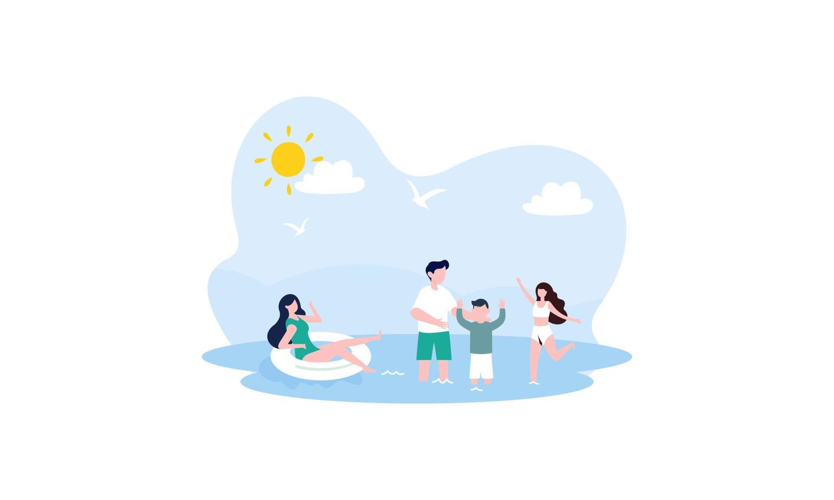 Happy family recreation active illustration. Summer weekend river family vector