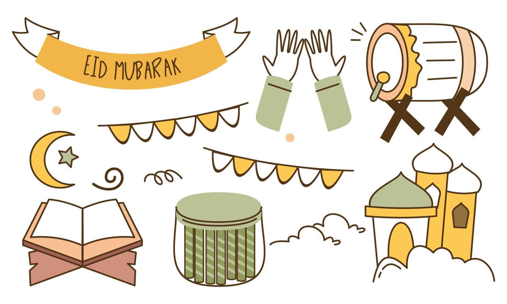 Eid mubarak or idul fitri design element in doodle style vector
