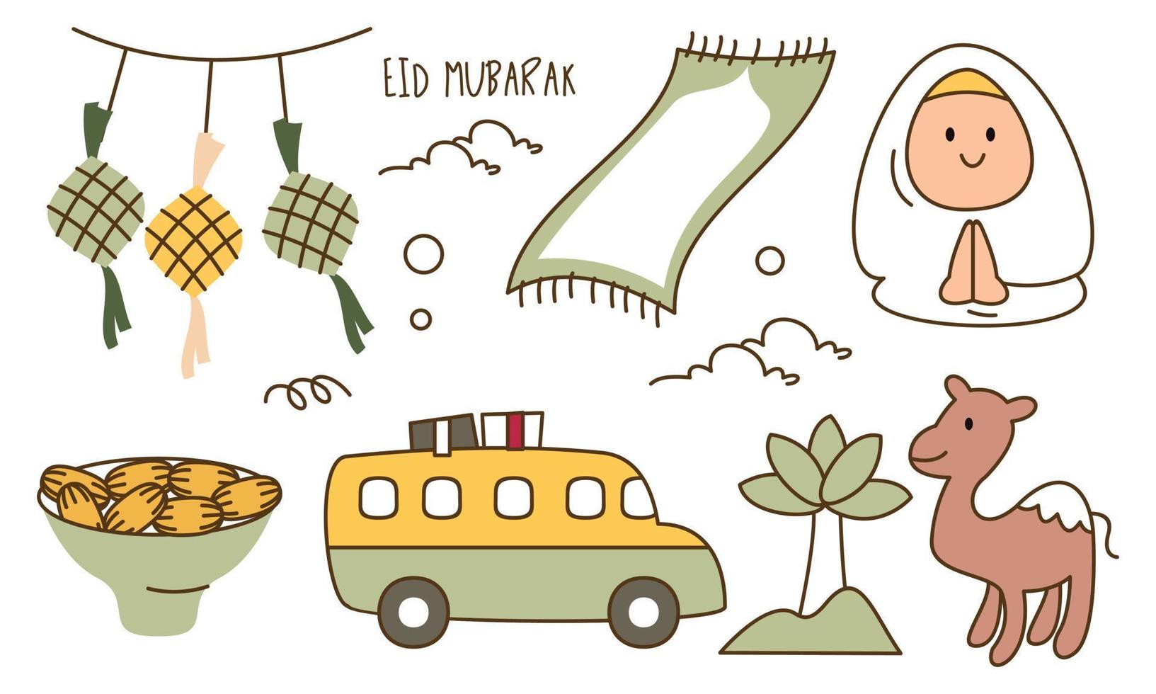 Eid mubarak or idul fitri design element in doodle style vector