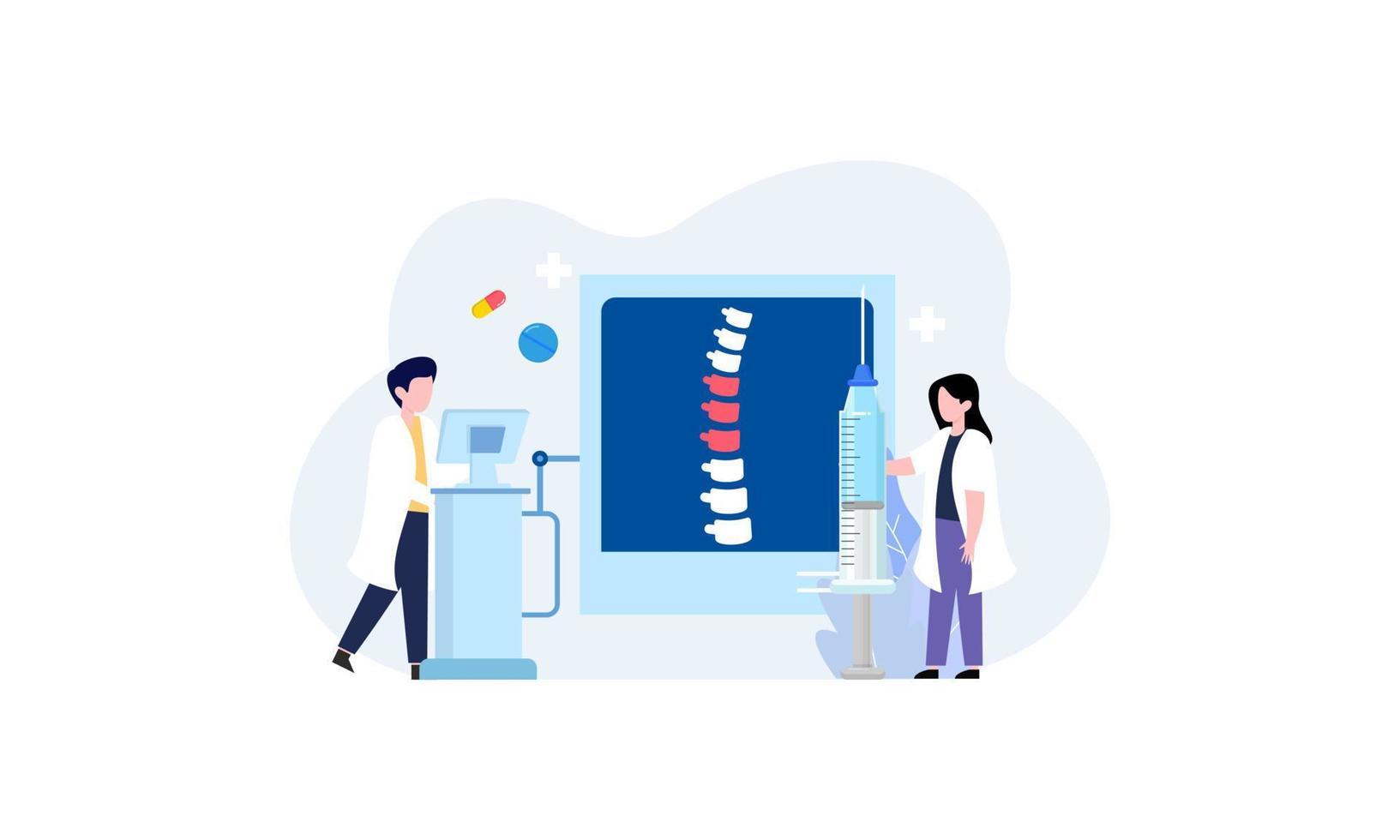 Tiny doctors examining spine bones of patient illustration. Health, treatment, osteopathy, anatomy concept vector