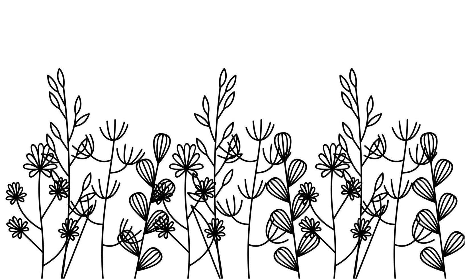 negro siluetas de césped, flores y hierbas aislado en blanco antecedentes vector