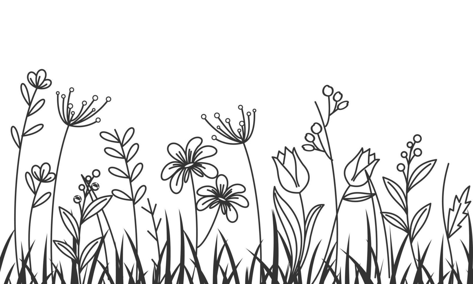 Black silhouettes of grass, flowers and herbs isolated on white background vector