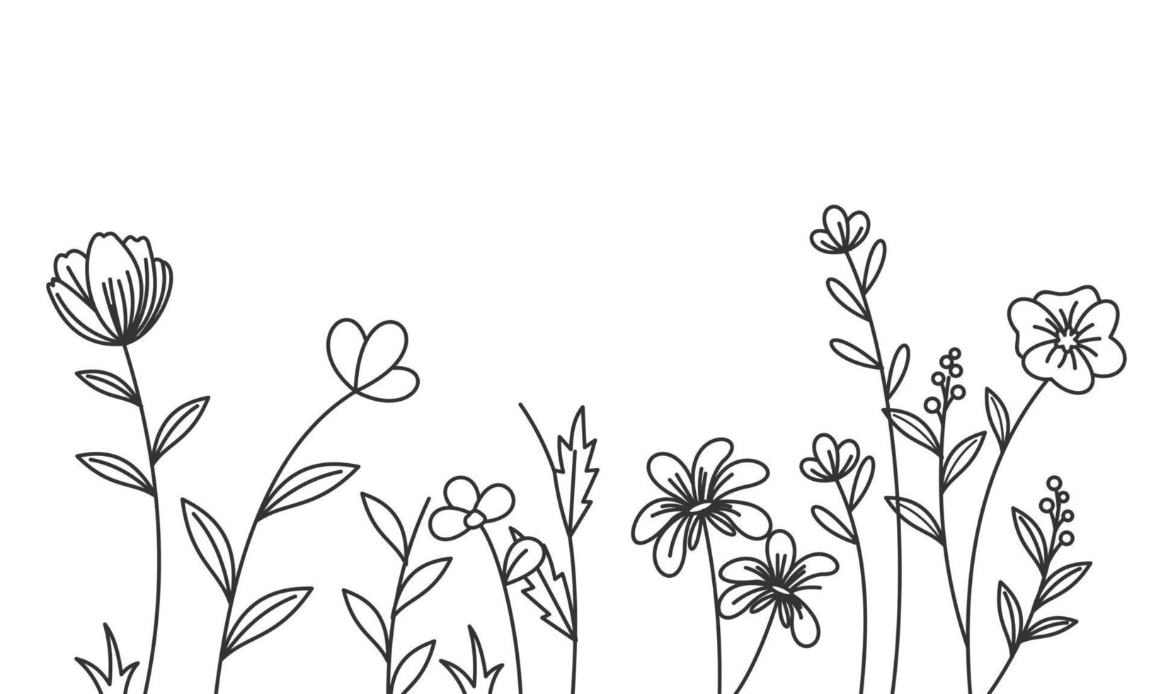 negro siluetas de césped, flores y hierbas aislado en blanco antecedentes vector