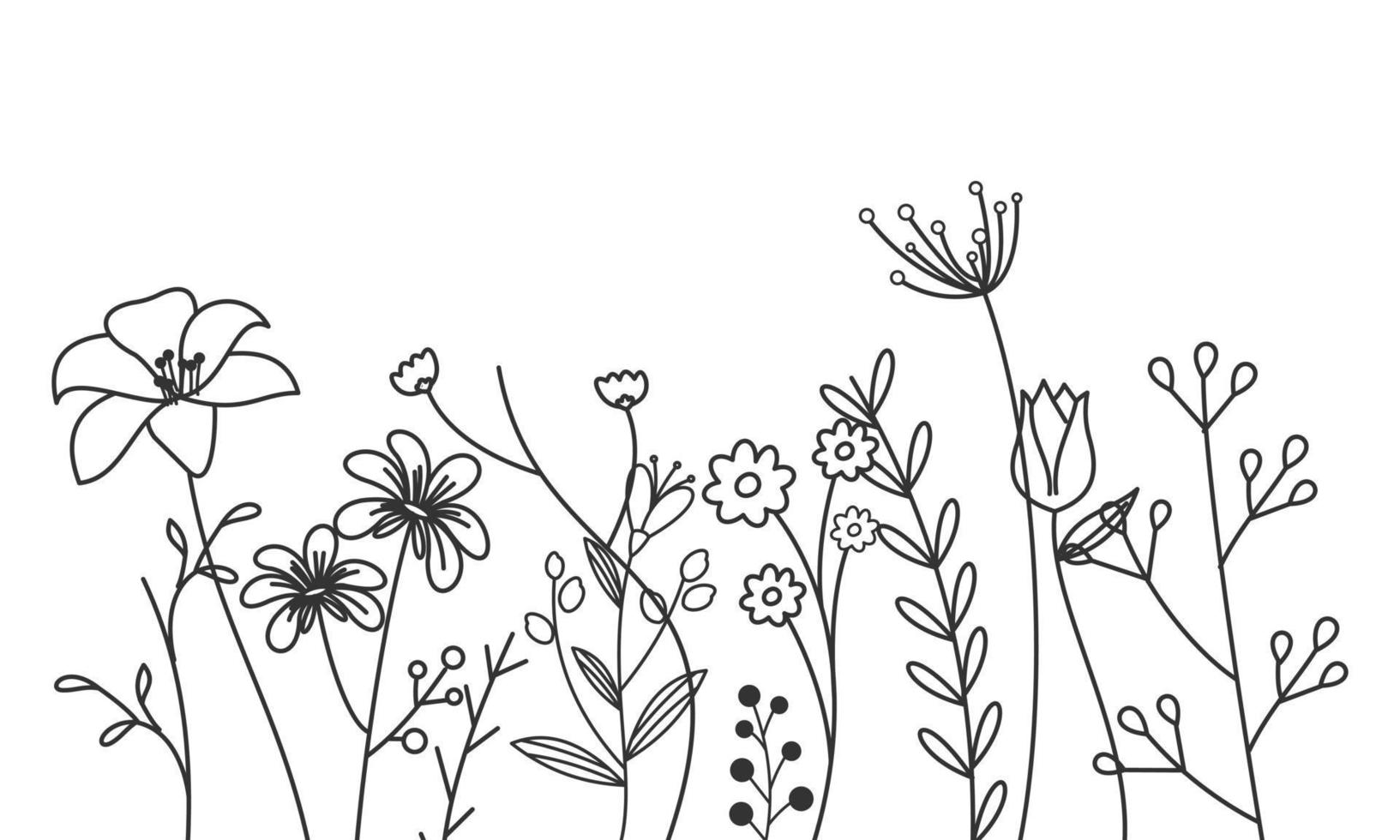Black silhouettes of grass, flowers and herbs isolated on white