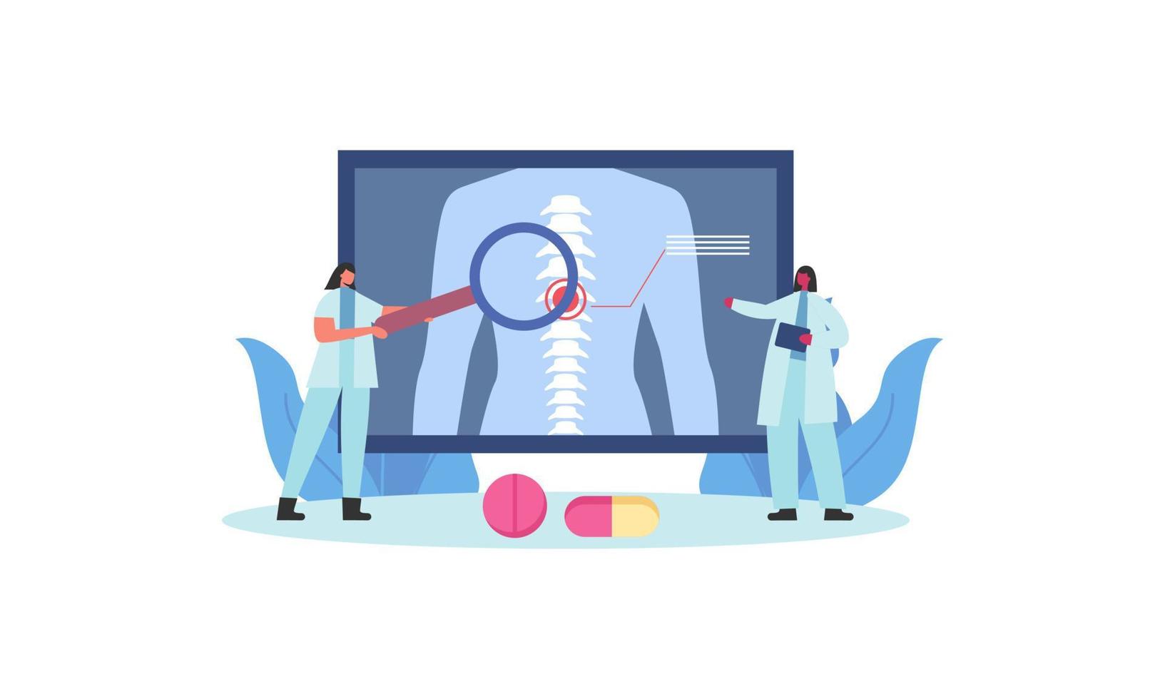 Tiny doctors examining spine bones of patient illustration. Health, treatment, osteopathy, anatomy concept vector