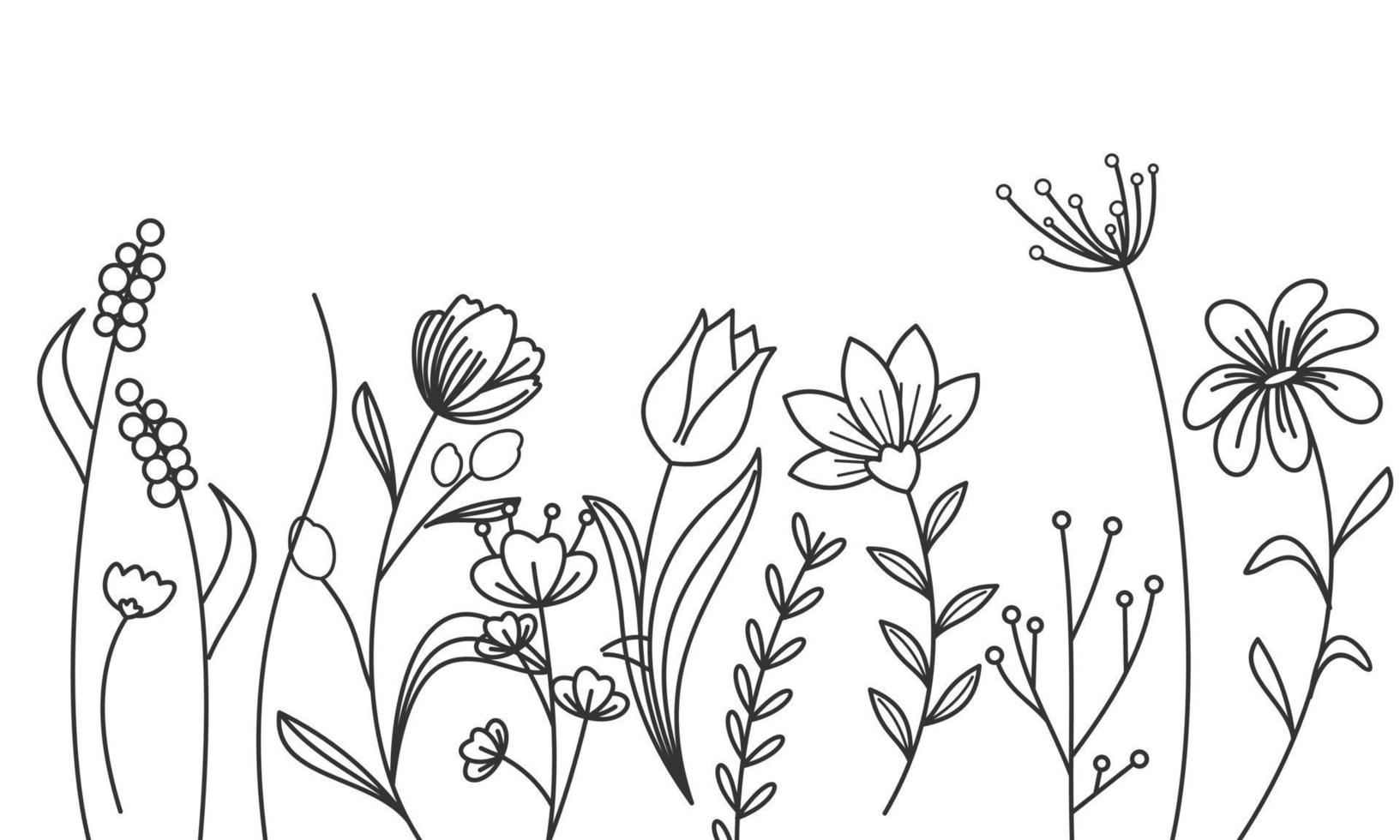 Black silhouettes of grass, flowers and herbs isolated on white background vector