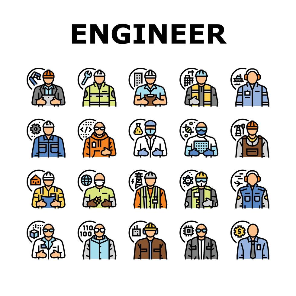 ingeniero tecnología trabajo hombre íconos conjunto vector