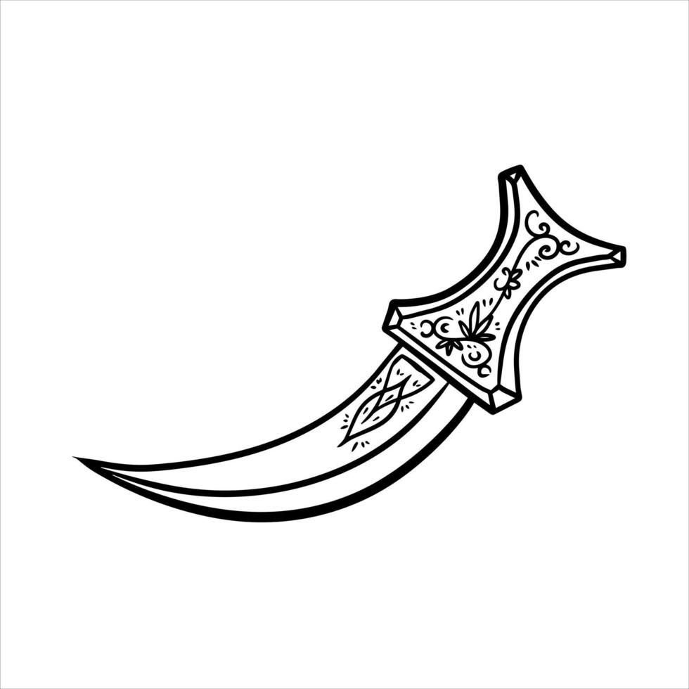 Arab dagger with curved blade. Omani culture and weapons. Yemeni knife with ornament. Flat illustration isolated on white. vector