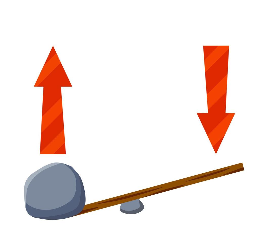 Lever of stick with stone. Lifting heavy cobblestone. Moving the boulder. Balancing and leverage. Flat cartoon with red arrow vector