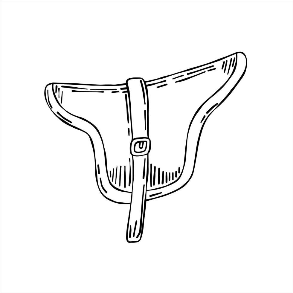 Horse saddle. riding seat. Old leather accessory for animal. Outline cartoon vector