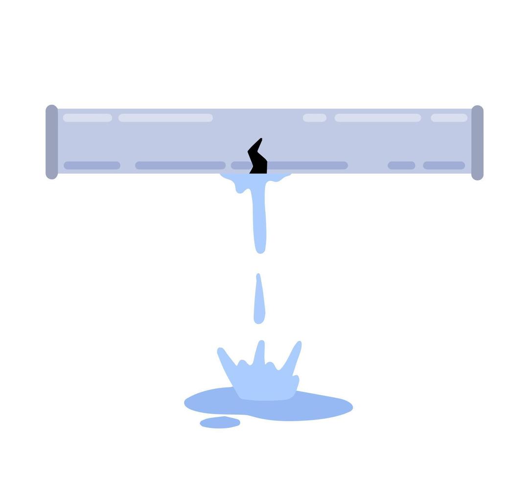 Leak in water pipe. Plumber service. Broken sewer and water supply. Splashes and puddle. Crack in tube. Flat cartoon vector