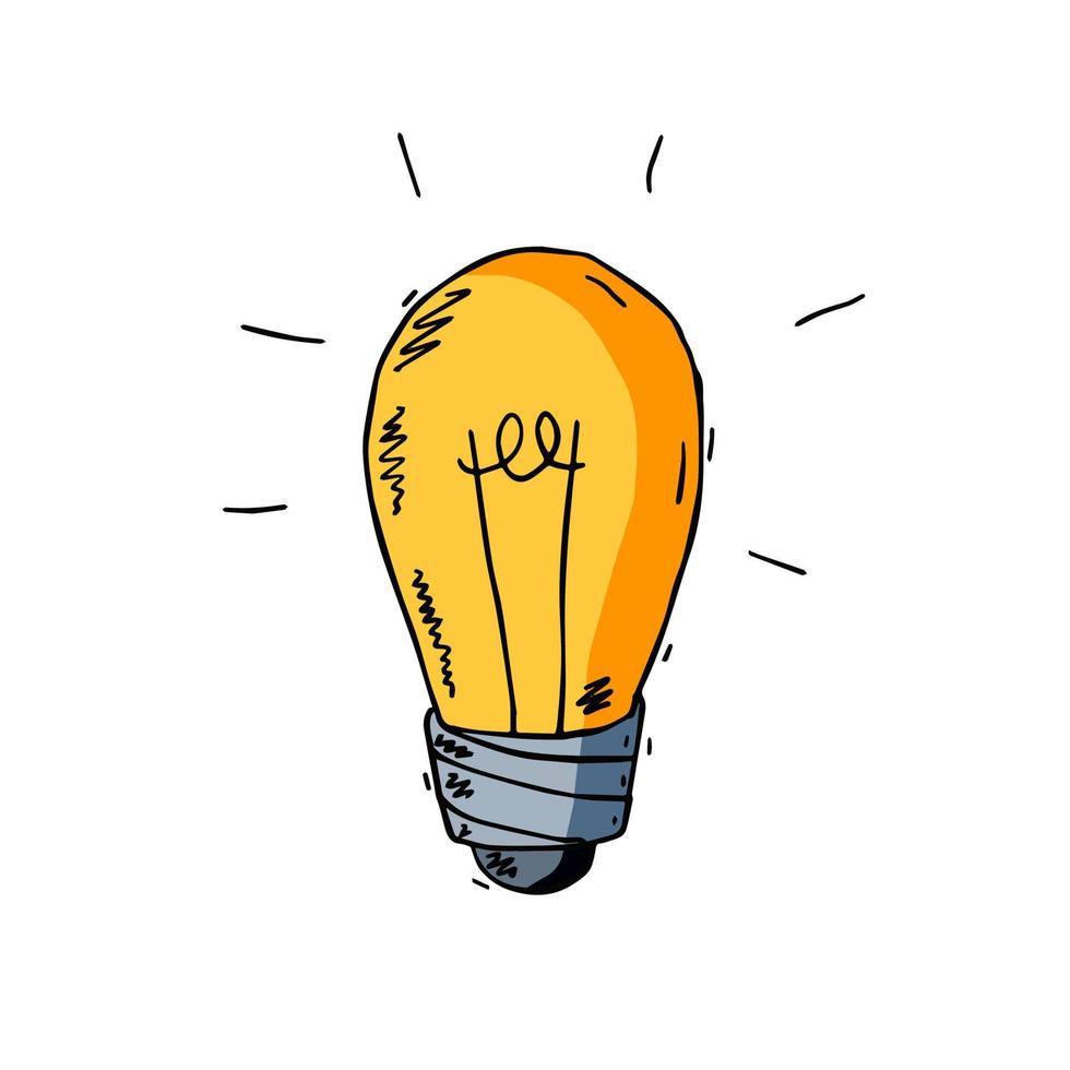 Light Bulb. Sketch drawn electric device. Cartoon doodle lighting concept and idea. Solution and creative vector