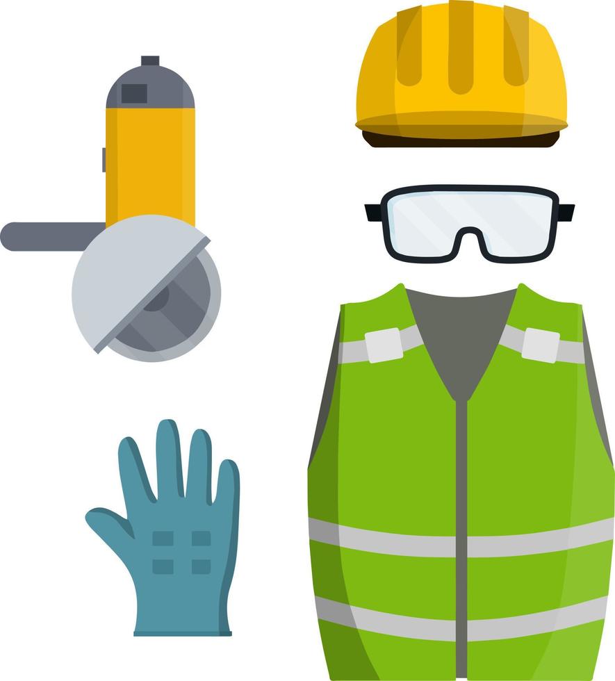 Set of clothes Builder and worker. Green vest, helmet, glasses, gloves, Grinder. Safety and tools. Cartoon flat illustration. Repair and maintenance. Metal cutting vector