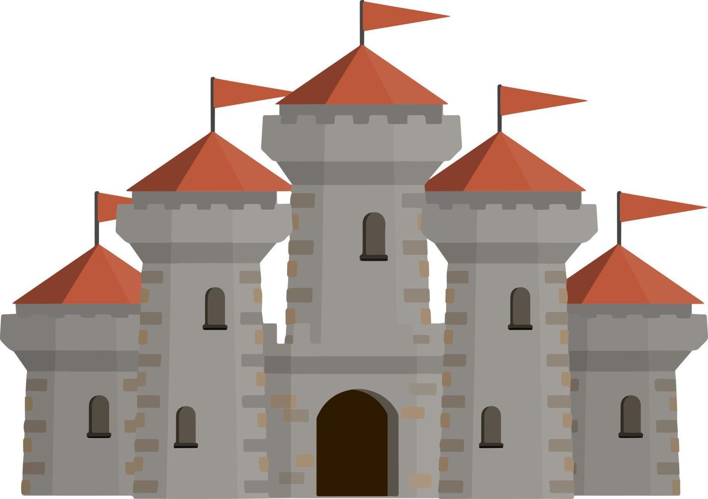 Medieval European stone castle. Knight fortress. Concept of security, protection and defense. Cartoon flat illustration. Military building with walls, gates and big tower. vector