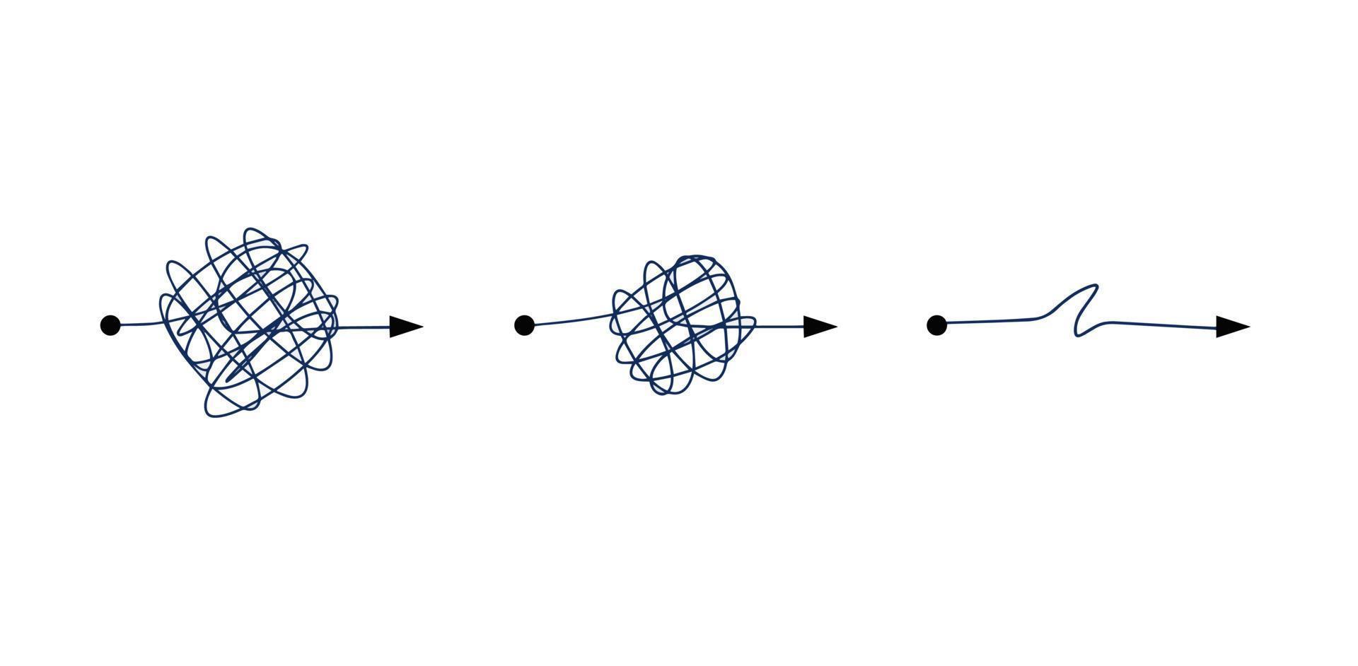 Tangle of lines. Unraveling the path. Psychological concept of solving mental problems. Chaotic messy clew. Simplifying the complex vector