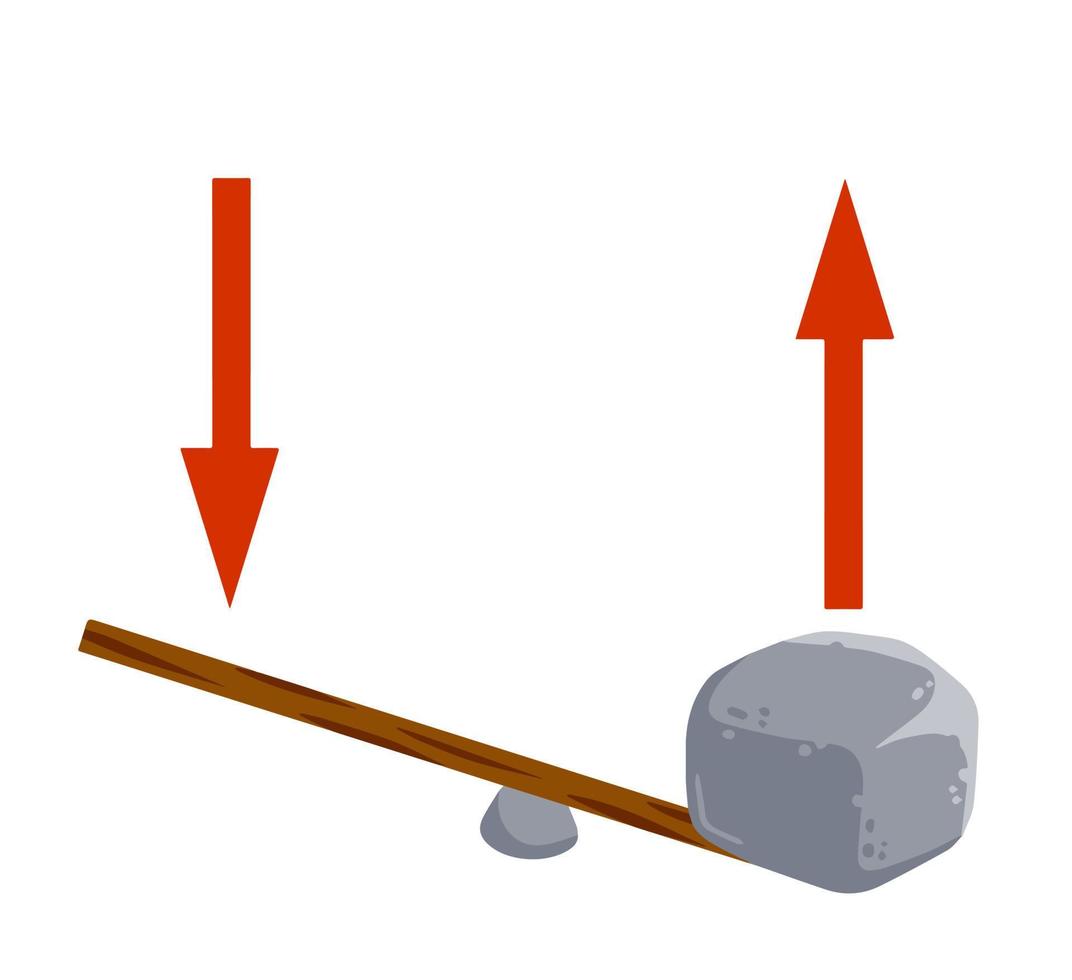 Lever of stick with stone. Lifting heavy cobblestone. Moving the boulder. Balancing and leverage. Flat cartoon with red arrow vector