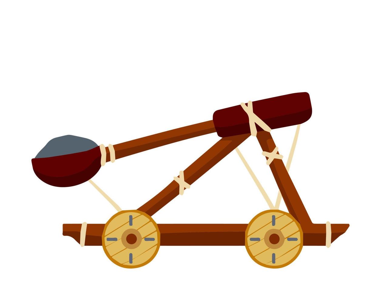 Catapult. Ancient weapons for the siege of the fortress. Wooden medieval artillery ballista. Flat cartoon vector