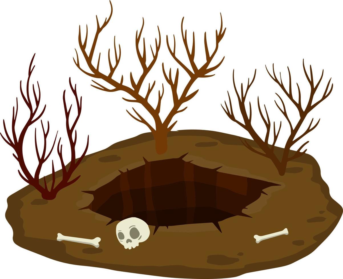 Big hole in ground. Brown dry soil and mine with skull. Human bone. vector