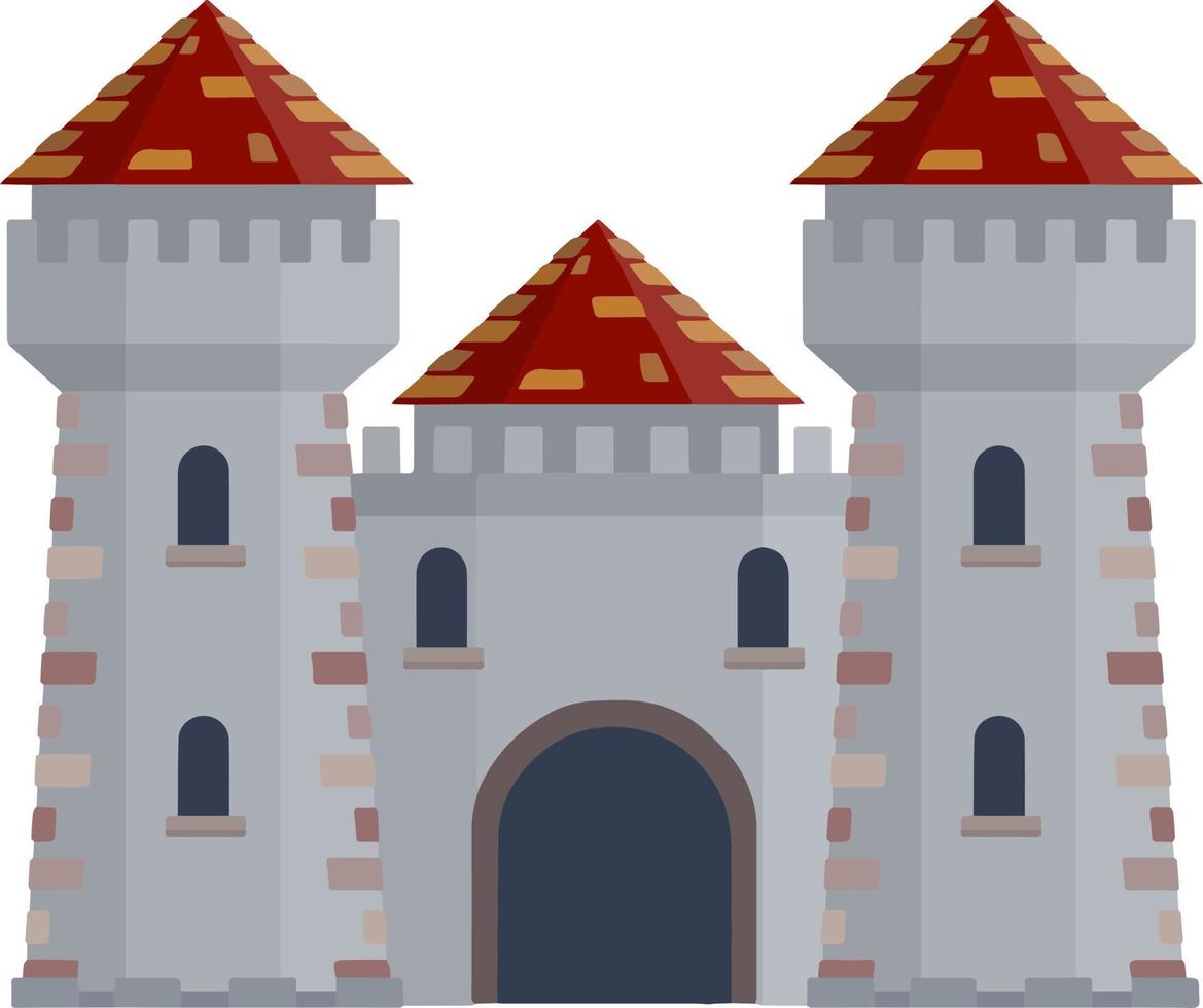 Medieval European stone castle. Knight fortress. Concept of security, protection and defense. Cartoon flat illustration. Military building with walls, gates and big tower. vector